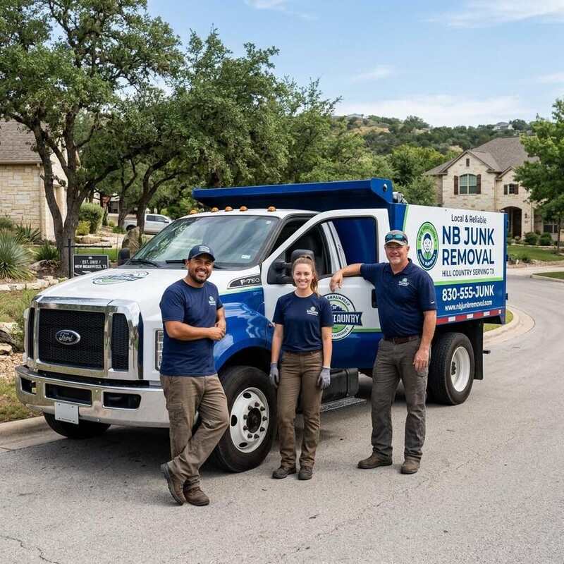 New Braunfels Junk Removal Pros team standing next to their hauling truck in New Braunfels, TX