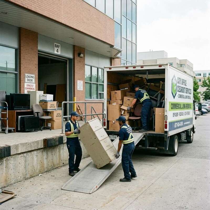 Workers removing old office furniture from a commercial building loading dock during commercial junk removal in New Braunfels, TX