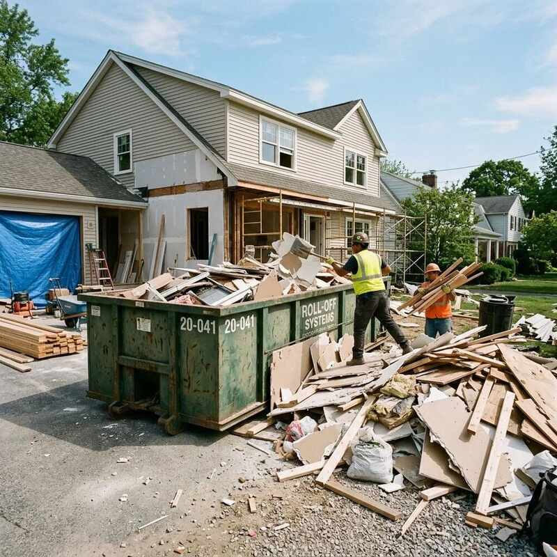 Construction debris including drywall and wood being loaded for removal at a renovation site in New Braunfels, TX