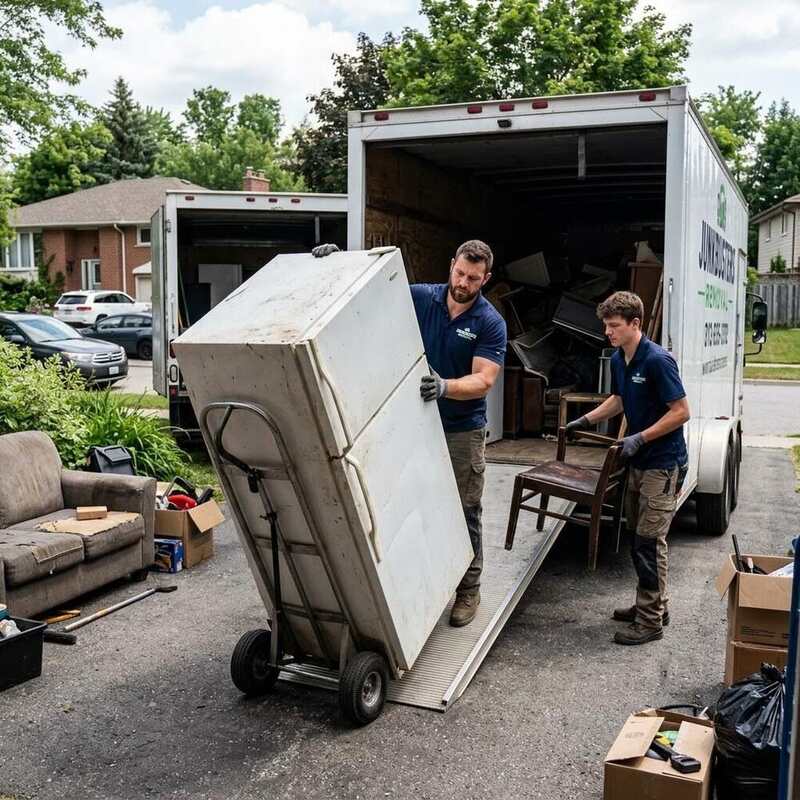 Workers loading a refrigerator onto a hand truck during appliance removal in New Braunfels, TX