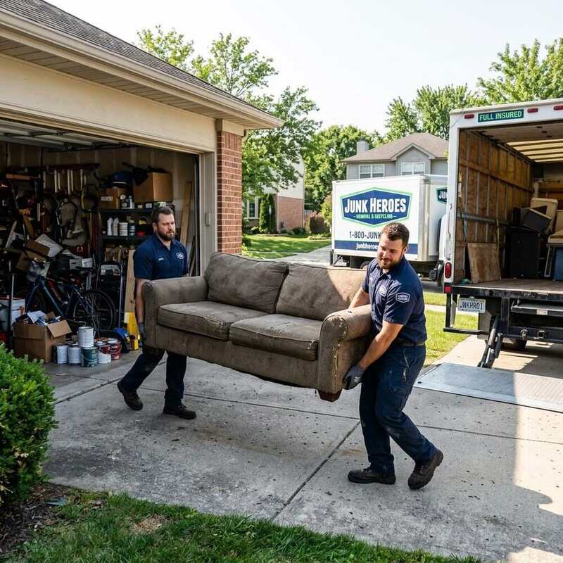 New Braunfels Junk Removal Pros crew carrying an old couch out of a cluttered garage during a residential junk removal job in New Braunfels